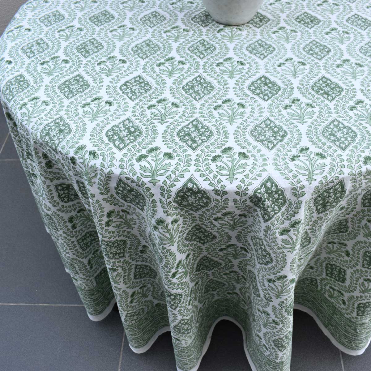 Round 220 cms Cotton French Design Table Cover Trellis Shale Green 202517