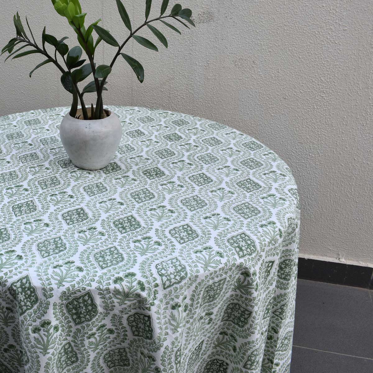 Round 220 cms Cotton French Design Table Cover Trellis Shale Green 202517