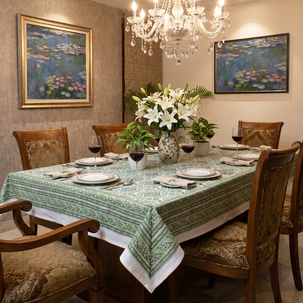 Wood Block Printed Handmade Tablecloth 150x220 cms Trellis Shale Green 202517