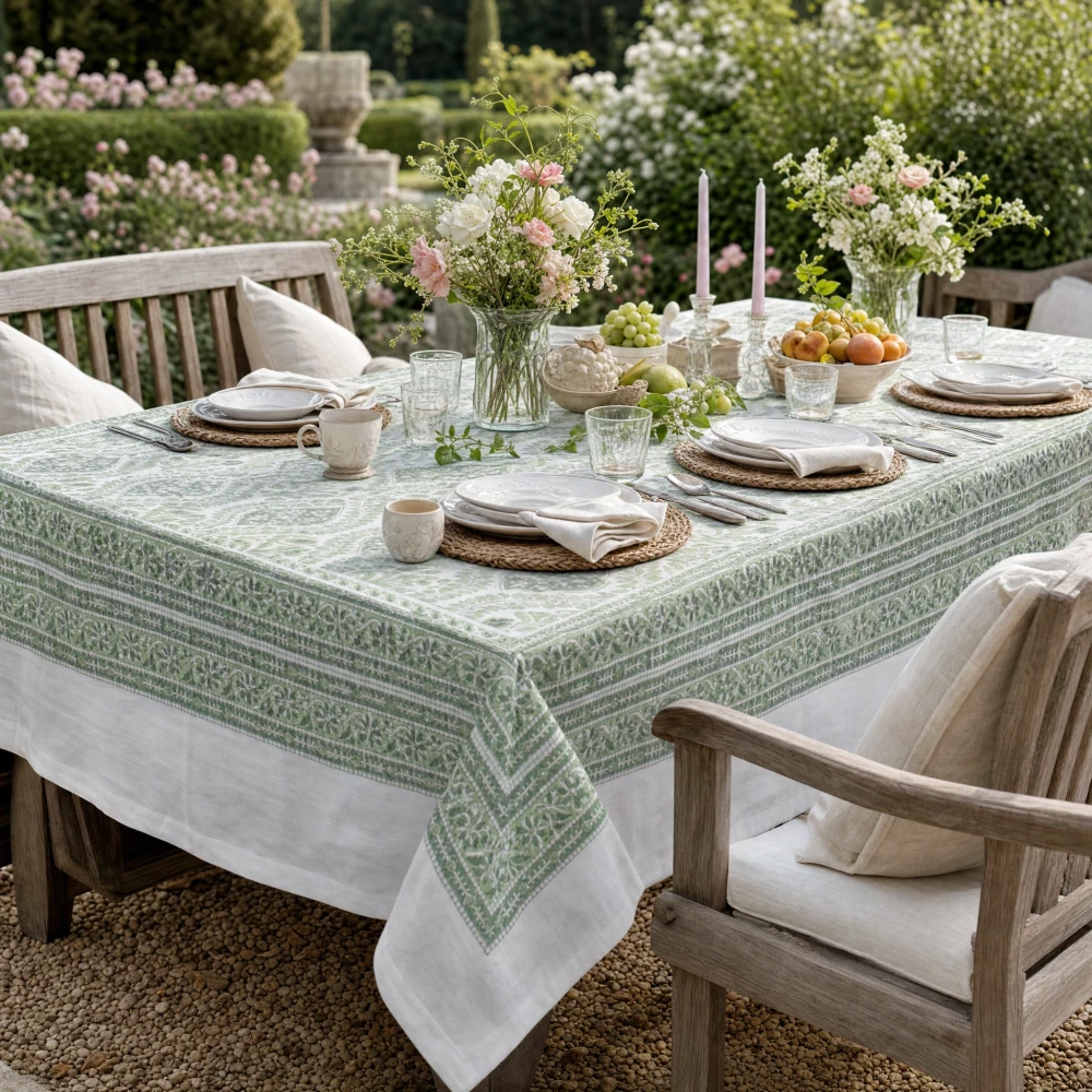 Image of Wood Block Printed Handmade Tablecloth 150x220 cms | Trellis Shale Green 202517