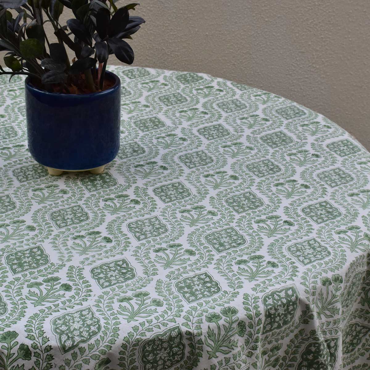Round 220 cms Cotton French Design Table Cover Trellis Shale Green 202517