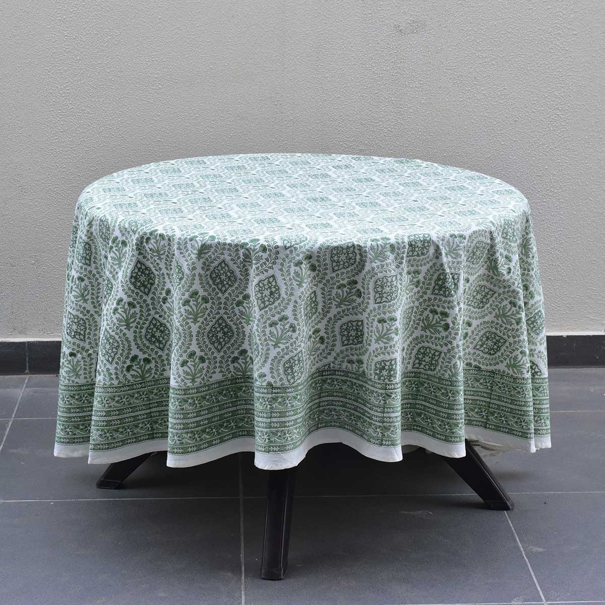Round 220 cms Cotton French Design Table Cover Trellis Shale Green 202517