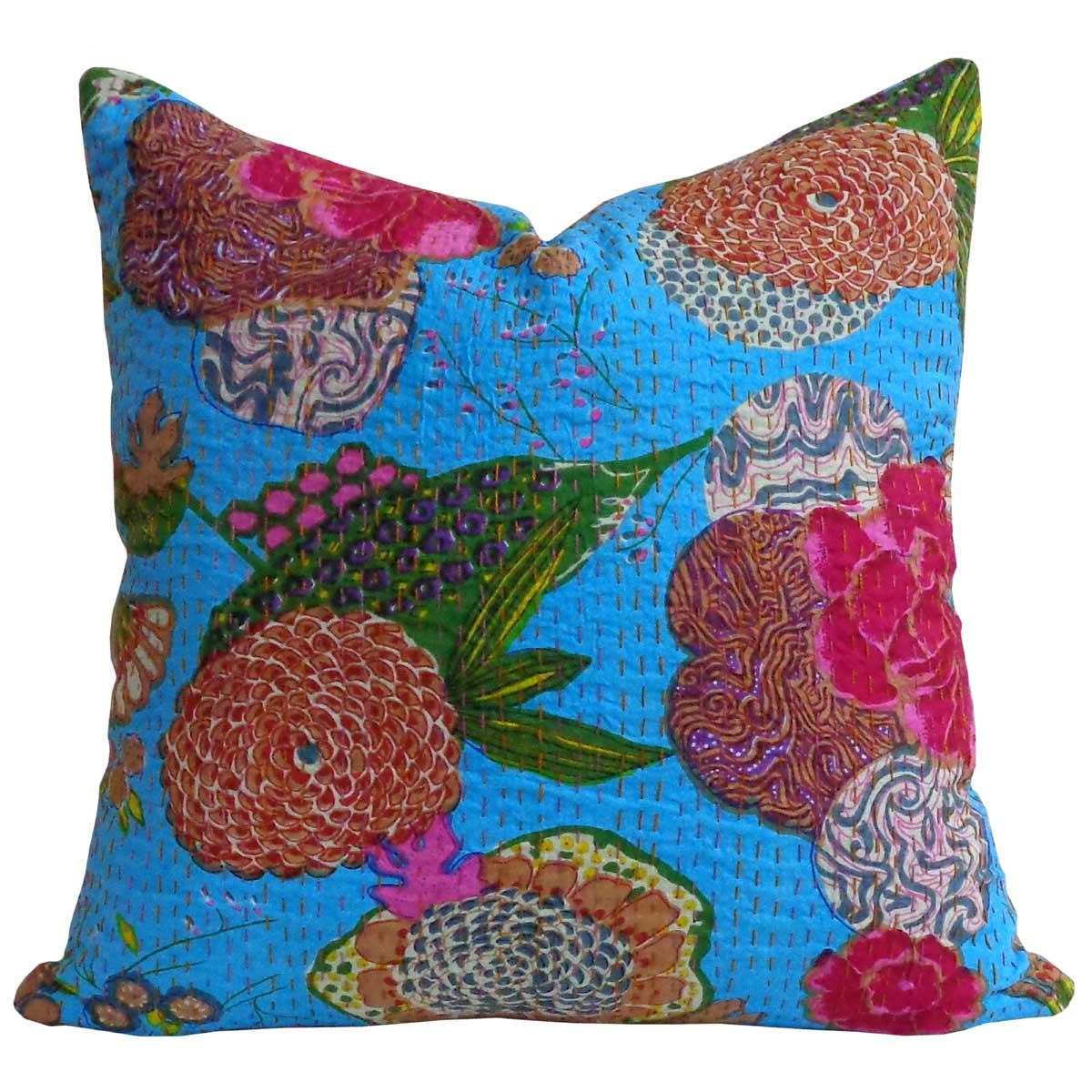 Tropical Design Hand Embroidered Kantha Cushion Tropical Aqua 100705