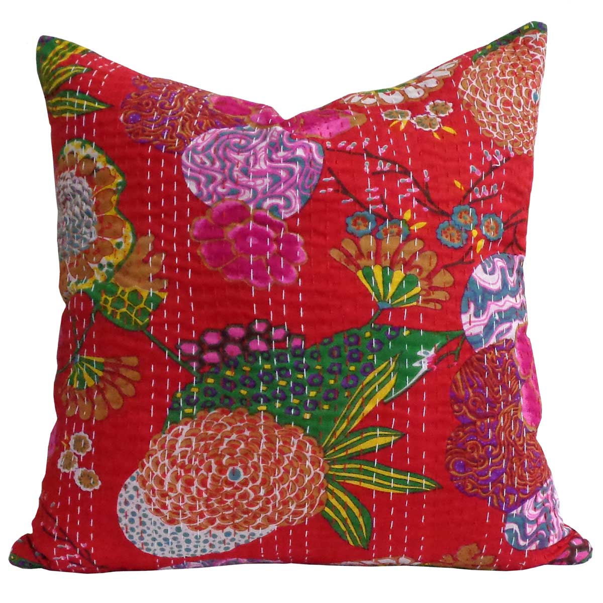 Tropical Design Hand Embroidered Kantha Cushion  Tropical Mars Red 100701