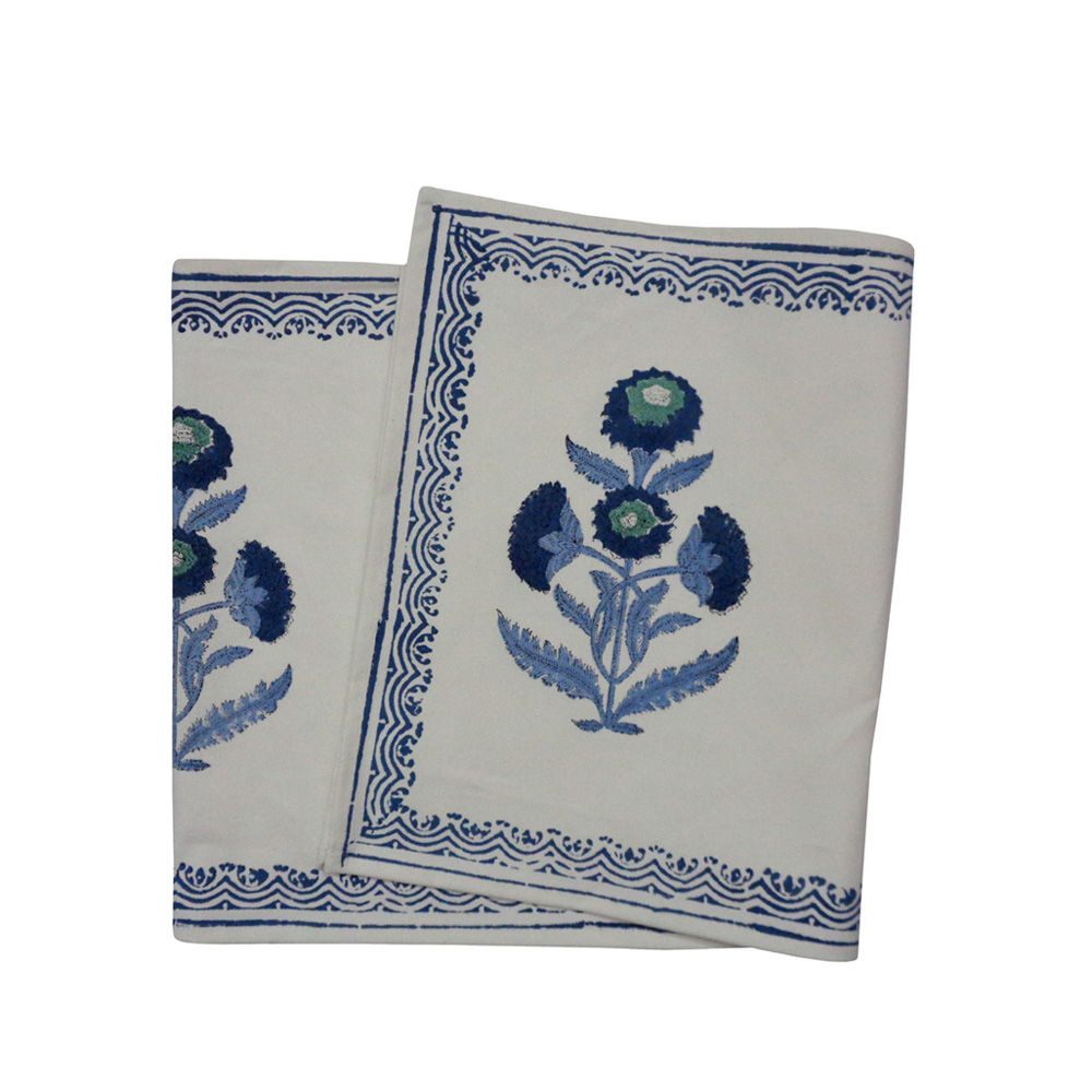 Hand Block Printed Cotton Canvas Table Runner 33x120 cms Boota Blue 204108