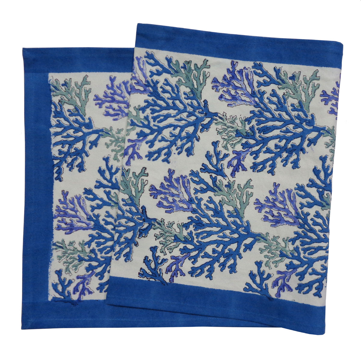 Hand Block Printed Cotton Canvas Table Runner 33x120 cms Coral Multi Blue 502087