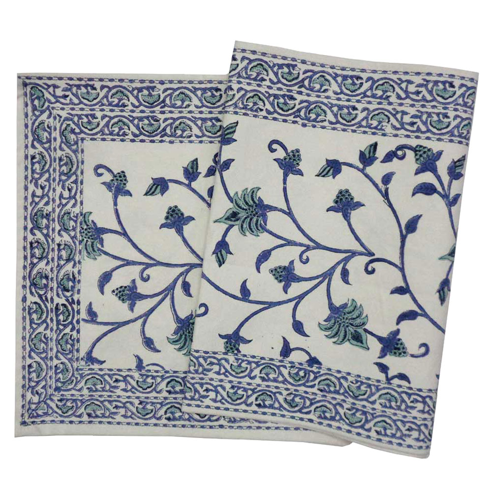 Hand Block Printed Cotton Canvas Table Runner 33x120 cms Floral Bale Blue 101259