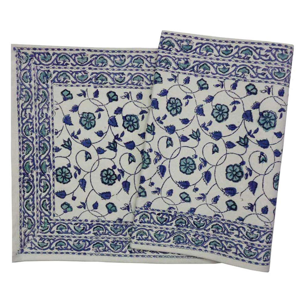 Hand Block Printed Cotton Canvas Table Runner 33x120 cms Floral Kali Blue 203903