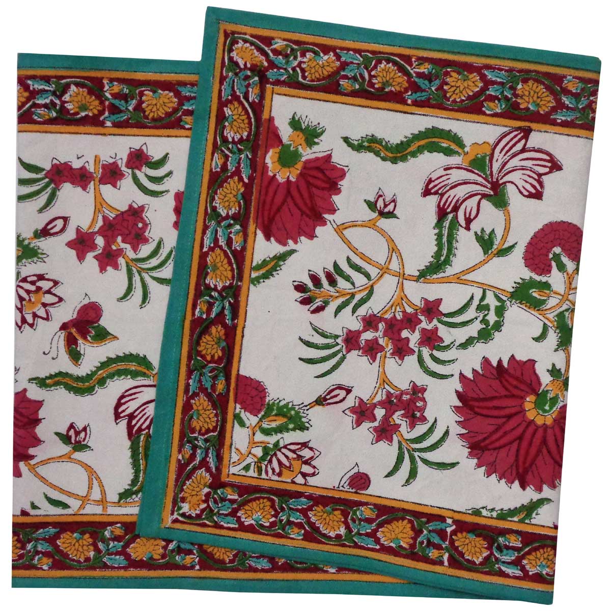 Hand Block Printed Cotton Canvas Table Runner 33x120 cms Flower Blossom Jade Open 109122