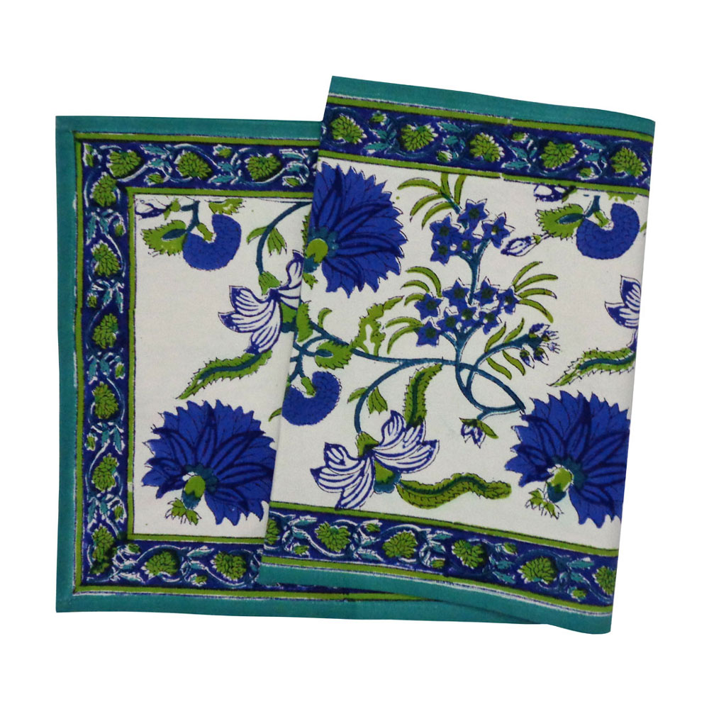 Hand Block Printed Cotton Canvas Table Runner 33x120 cms  Flower Blossom Sea Green Open 100358