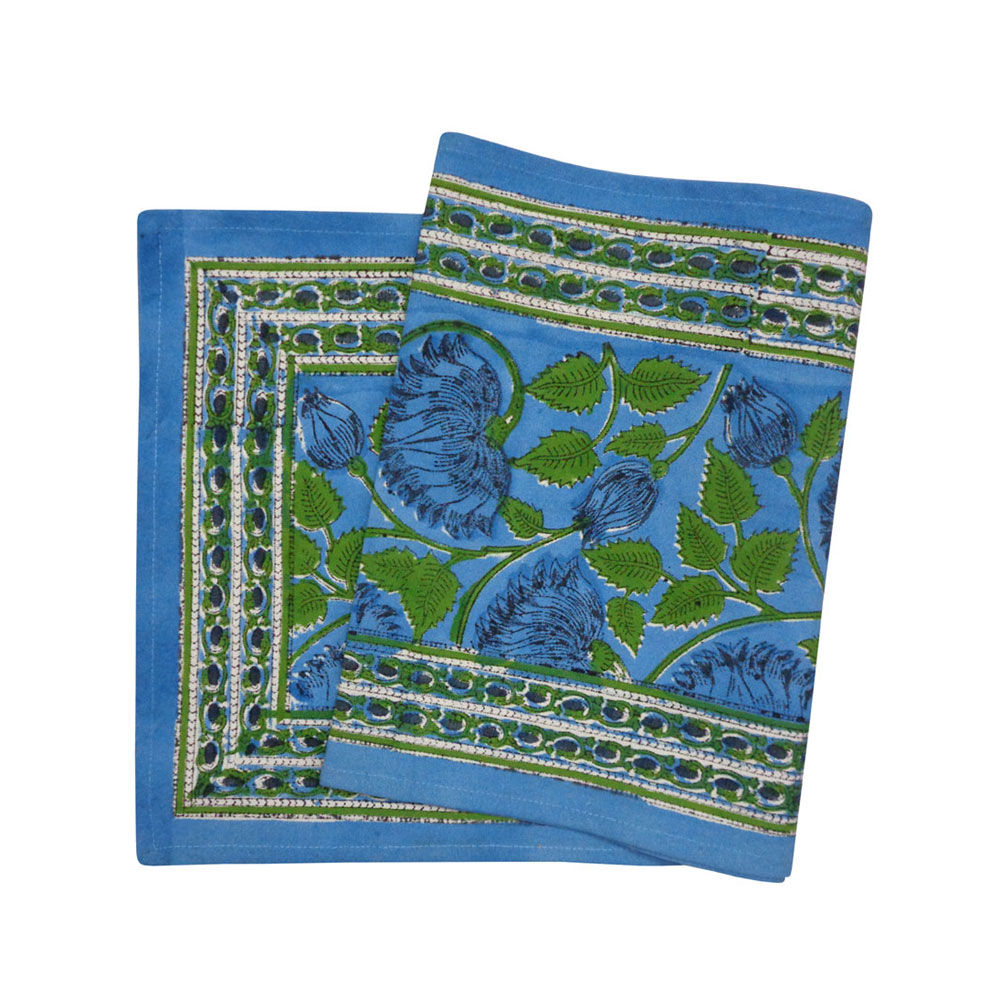 Hand Block Printed Cotton Canvas Table Runner 33x120 cms Kamal Aqua Gud 206705