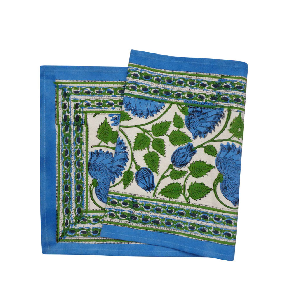 Hand Block Printed Cotton Canvas Table Runner 33x120 cms Kamal Aqua Open 106099