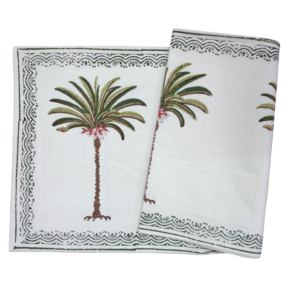 Hand Block Printed Cotton Canvas Table Runner 33x120 cms Palm Tree Green 109024