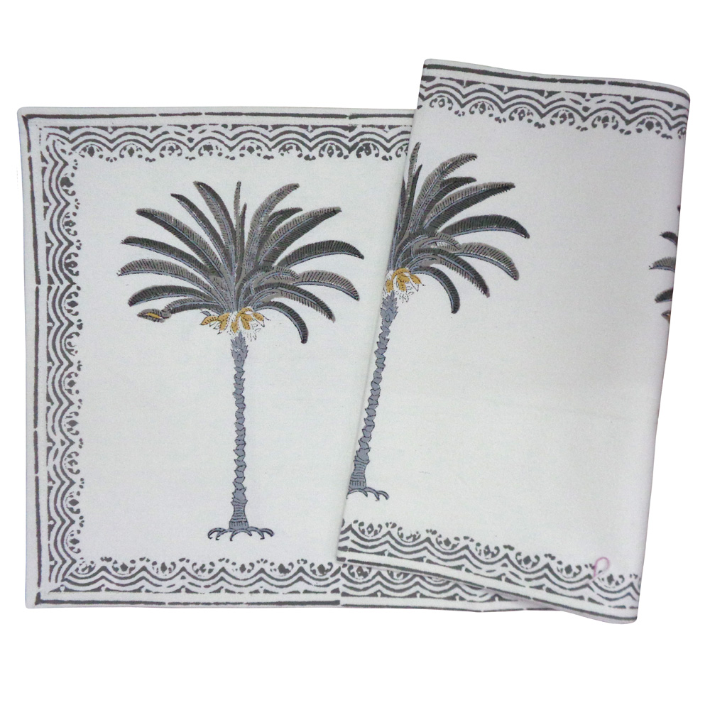 Hand Block Printed Cotton Canvas Table Runner 33x120 cms Palm Tree Grey 201748