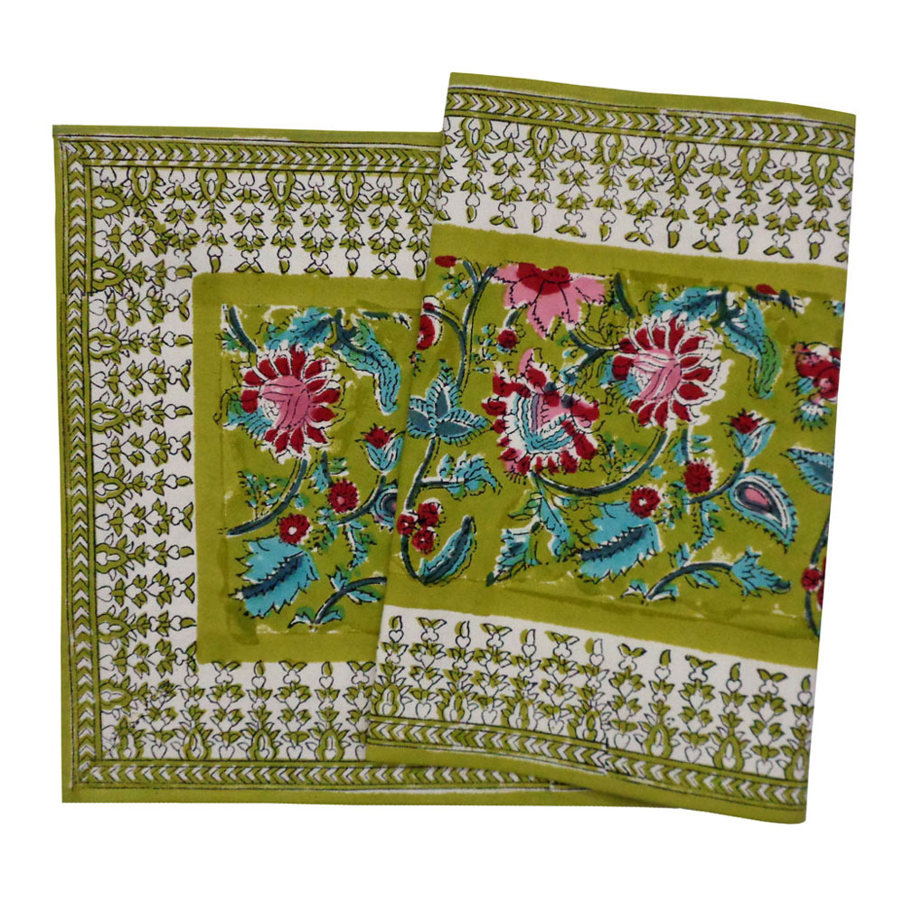 Hand Block Printed Cotton Canvas Table Runner 33x120 cms Phuljhari Olive Gud 103487