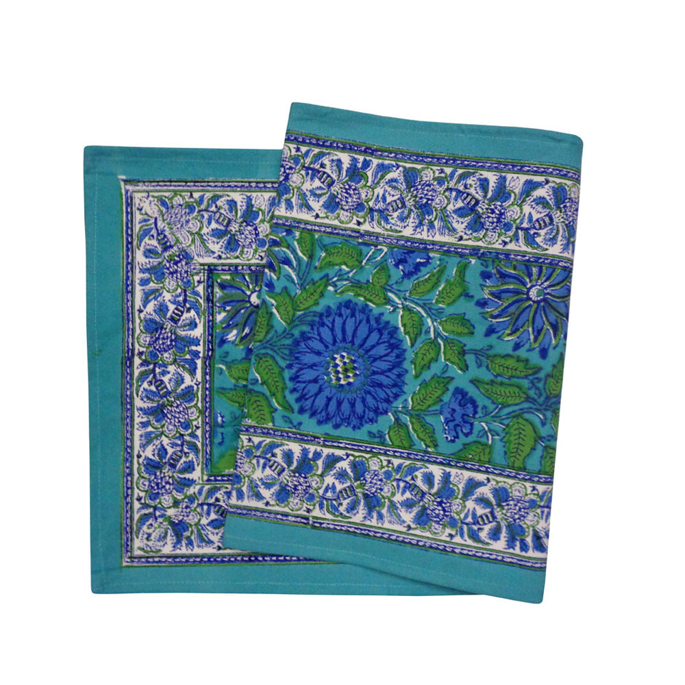 Hand Block Printed Cotton Canvas Table Runner 33x120 cms Surajmukhi Blue Gud 106164