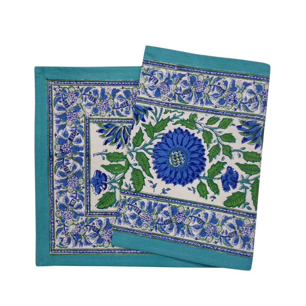 Hand Block Printed Cotton Canvas Table Runner 33x120 cms Surajmukhi Blue Open 207560