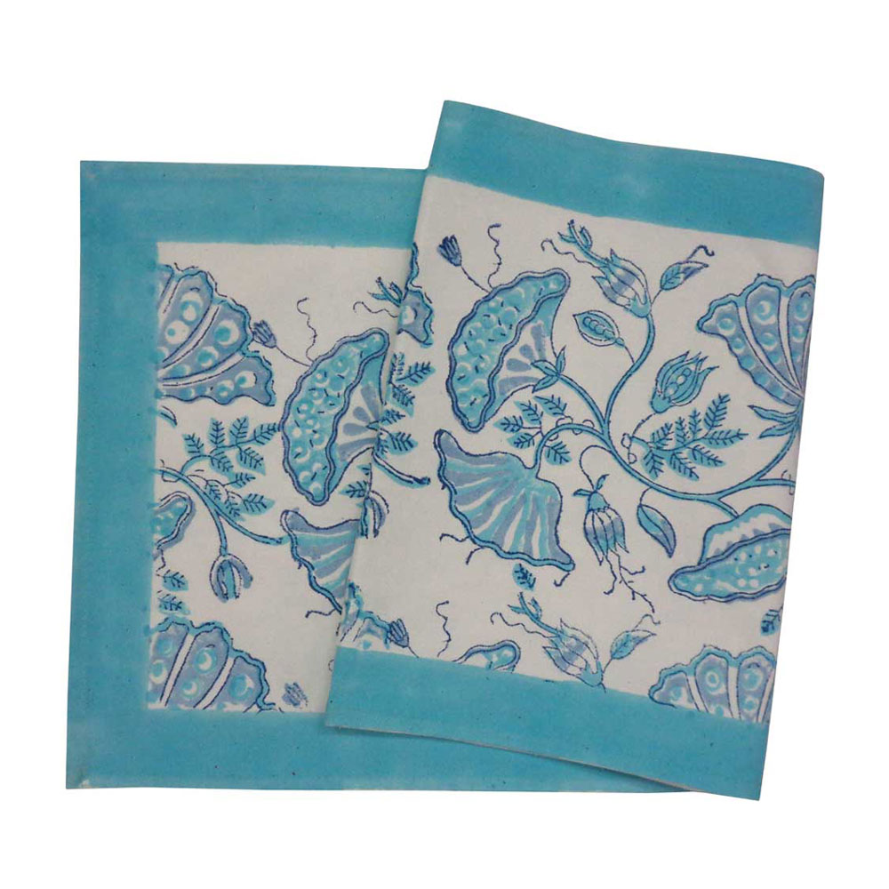 Hand Block Printed Cotton Canvas Table Runner 33x120 cms Waterlily Aqua 205006