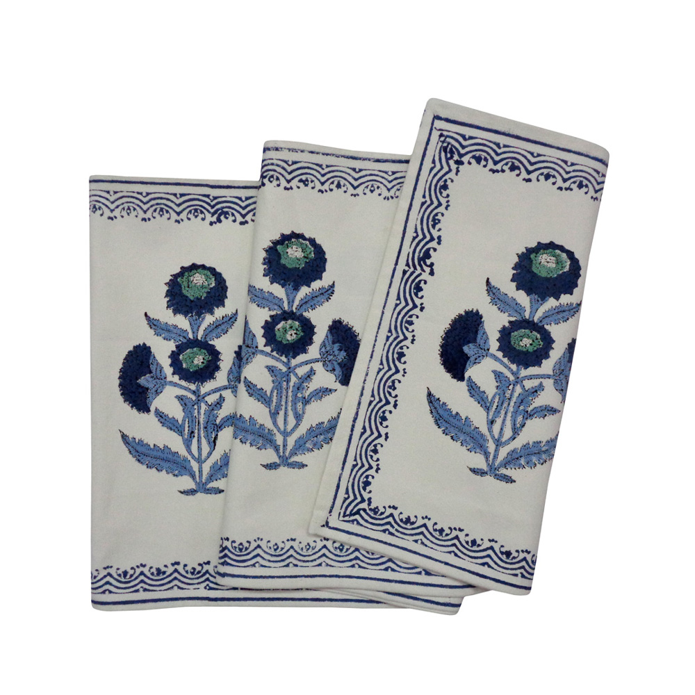 Hand Block Printed Cotton Canvas Table Runner 33x170 cms Boota Blue 204108