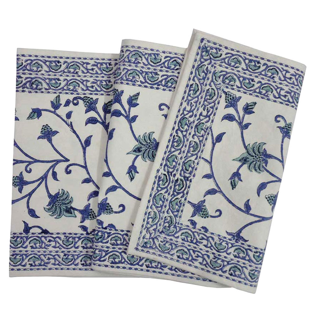 Hand Block Printed Cotton Canvas Table Runner 33x170 cms Floral Bale Blue 101263