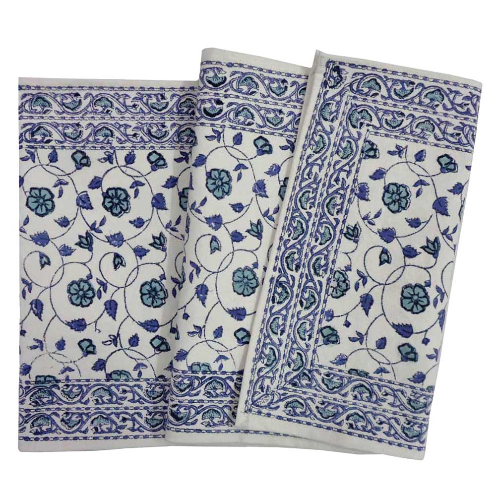 Hand Block Printed Cotton Canvas Table Runner 33x170 cms Floral Kali Blue 203903