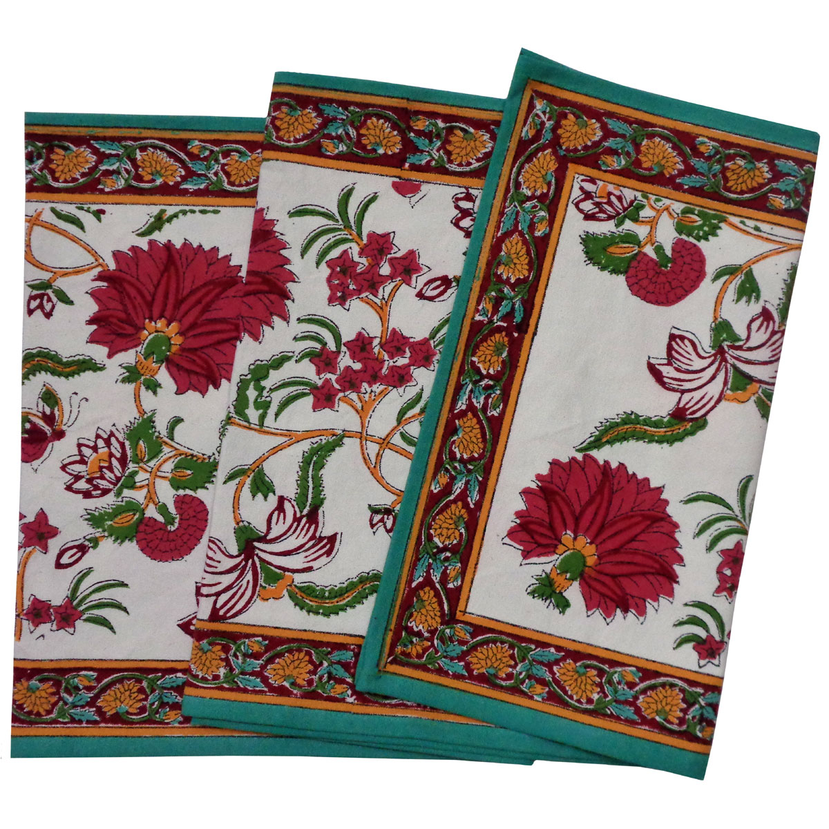 Hand Block Printed Cotton Canvas Table Runner 33x170 cms Flower Blossom Jade Open 109122