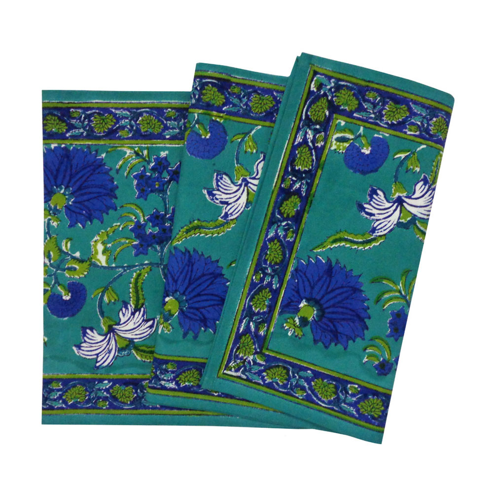 Hand Block Printed Cotton Canvas Table Runner 33x170 cms Flower Blossom Sea Green Gud 106040