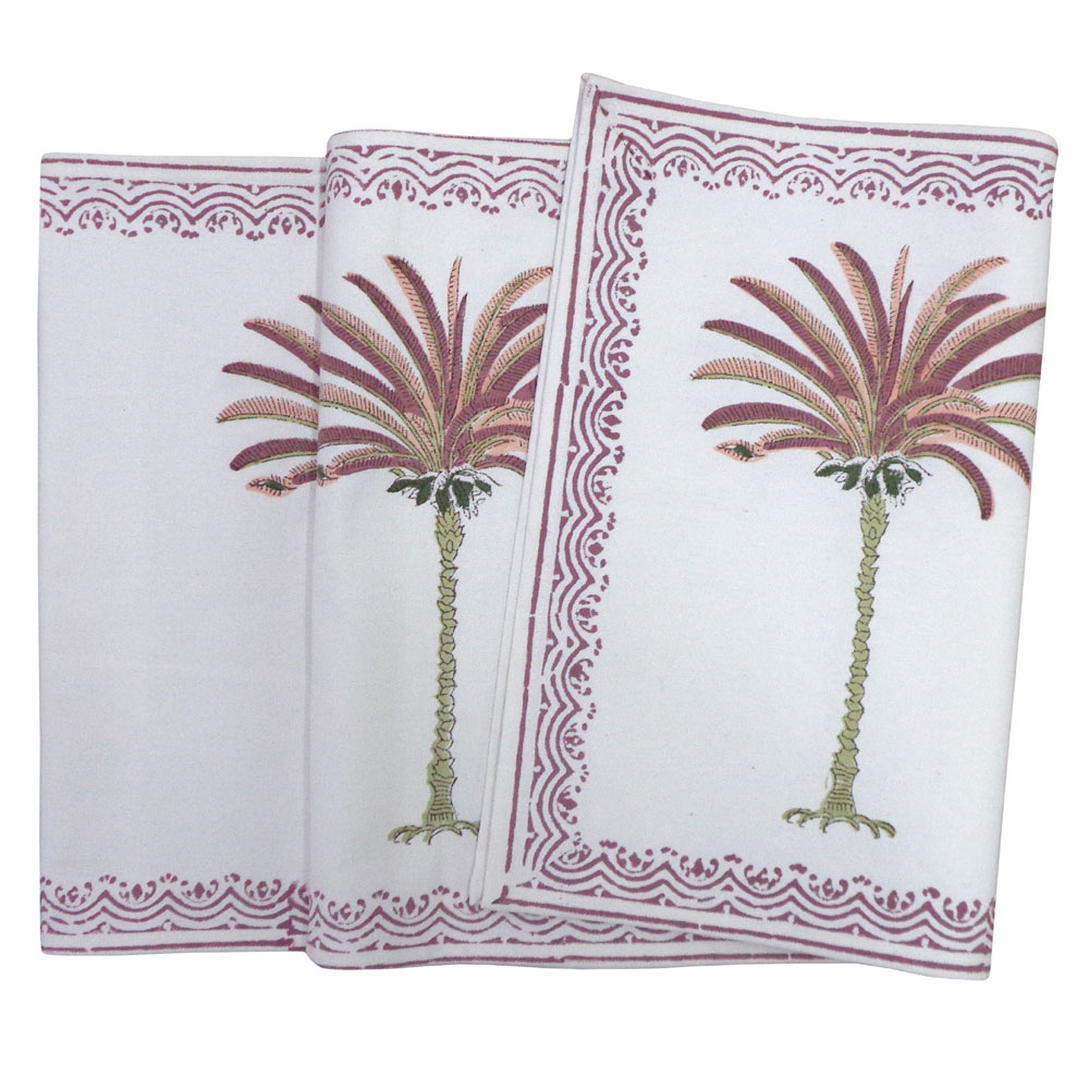 Hand Block Printed Cotton Canvas Table Runner 33x170 cms Palm Tree Pink 202035