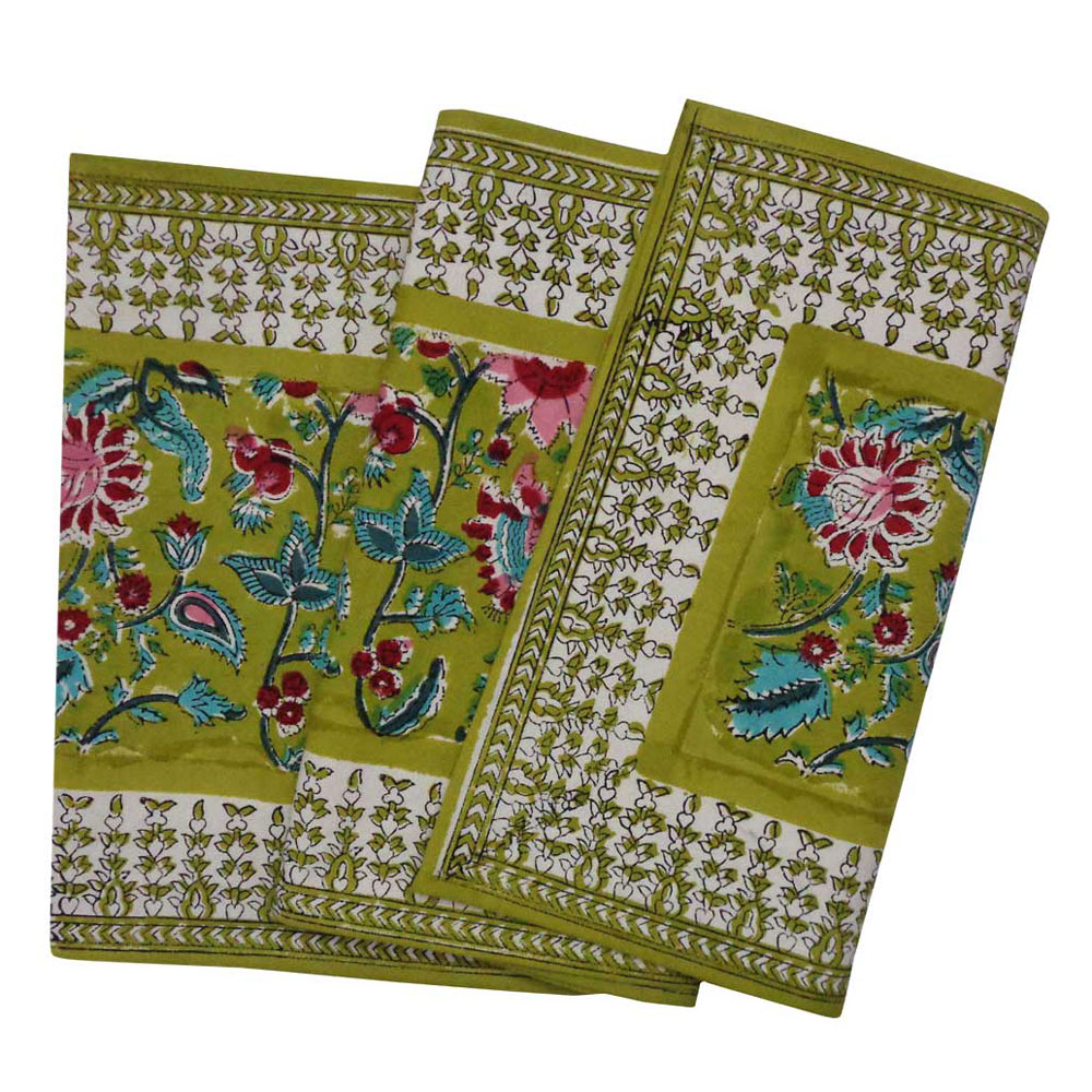 Hand Block Printed Cotton Canvas Table Runner 33x170 cms Phuljhari Olive Gud 103487