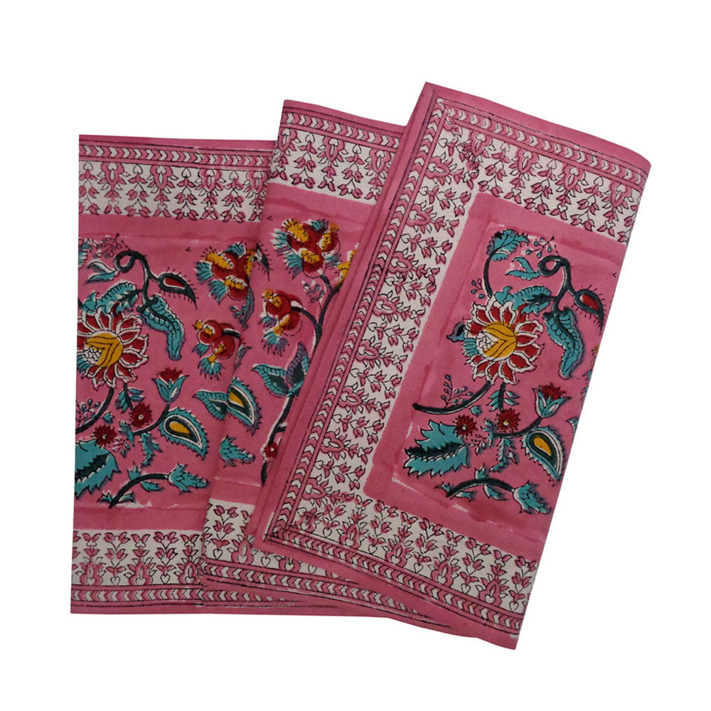 Hand Block Printed Cotton Canvas Table Runner 33x170 cms Phuljhari Pink Gud 204756