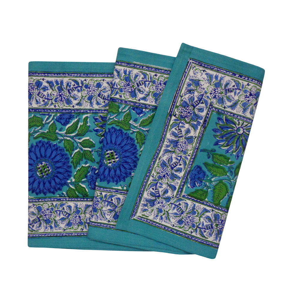 Hand Block Printed Cotton Canvas Table Runner 33x170 cms Surajmukhi Blue Gud 106164