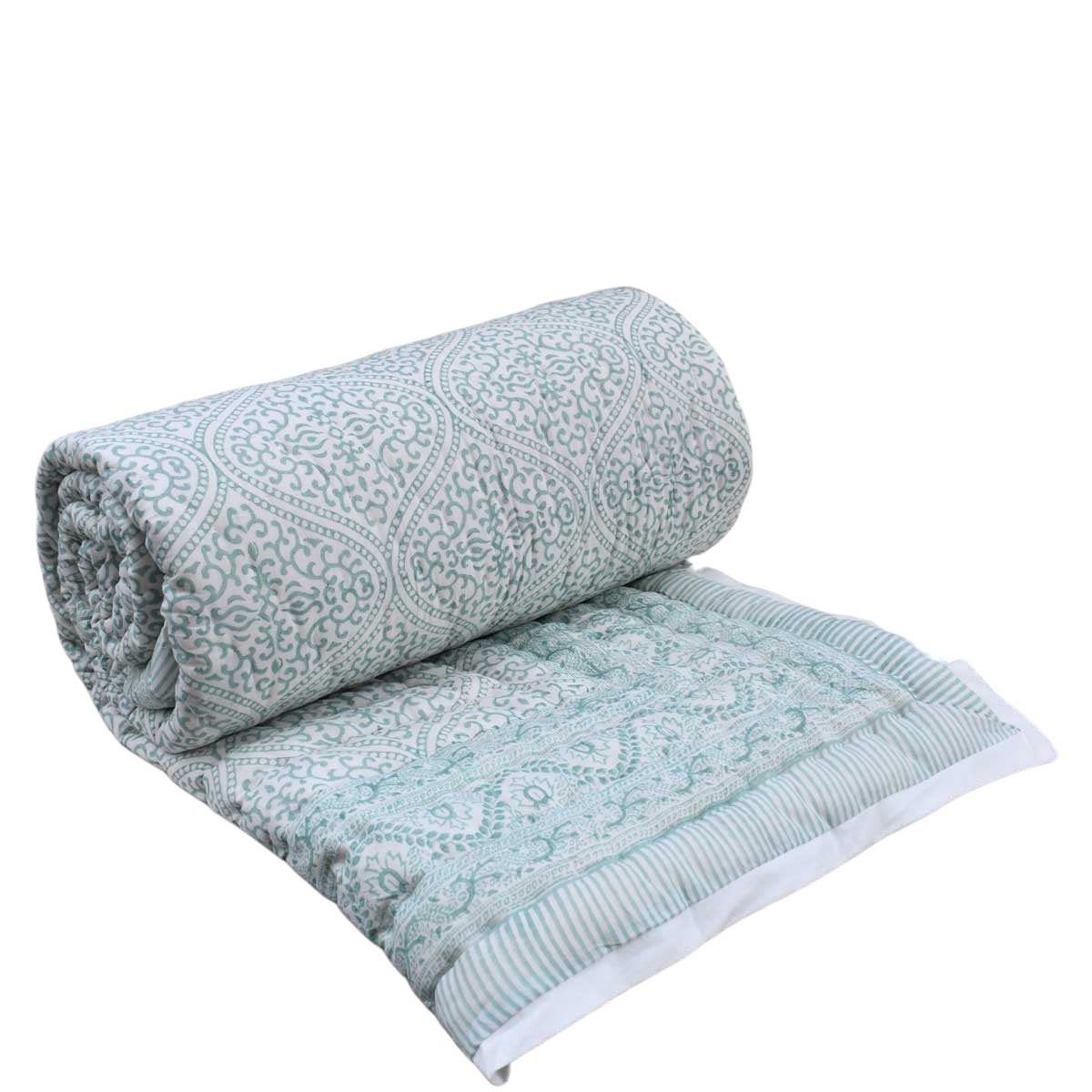 Hand Block Printed Cotton Twin Size Quilt Rang Mahal Green 202216