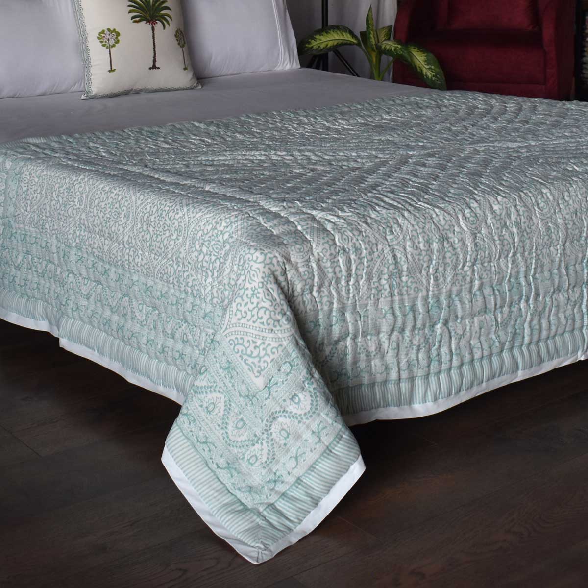 Hand Block Printed Cotton Twin Size Quilt Rang Mahal Green 202216