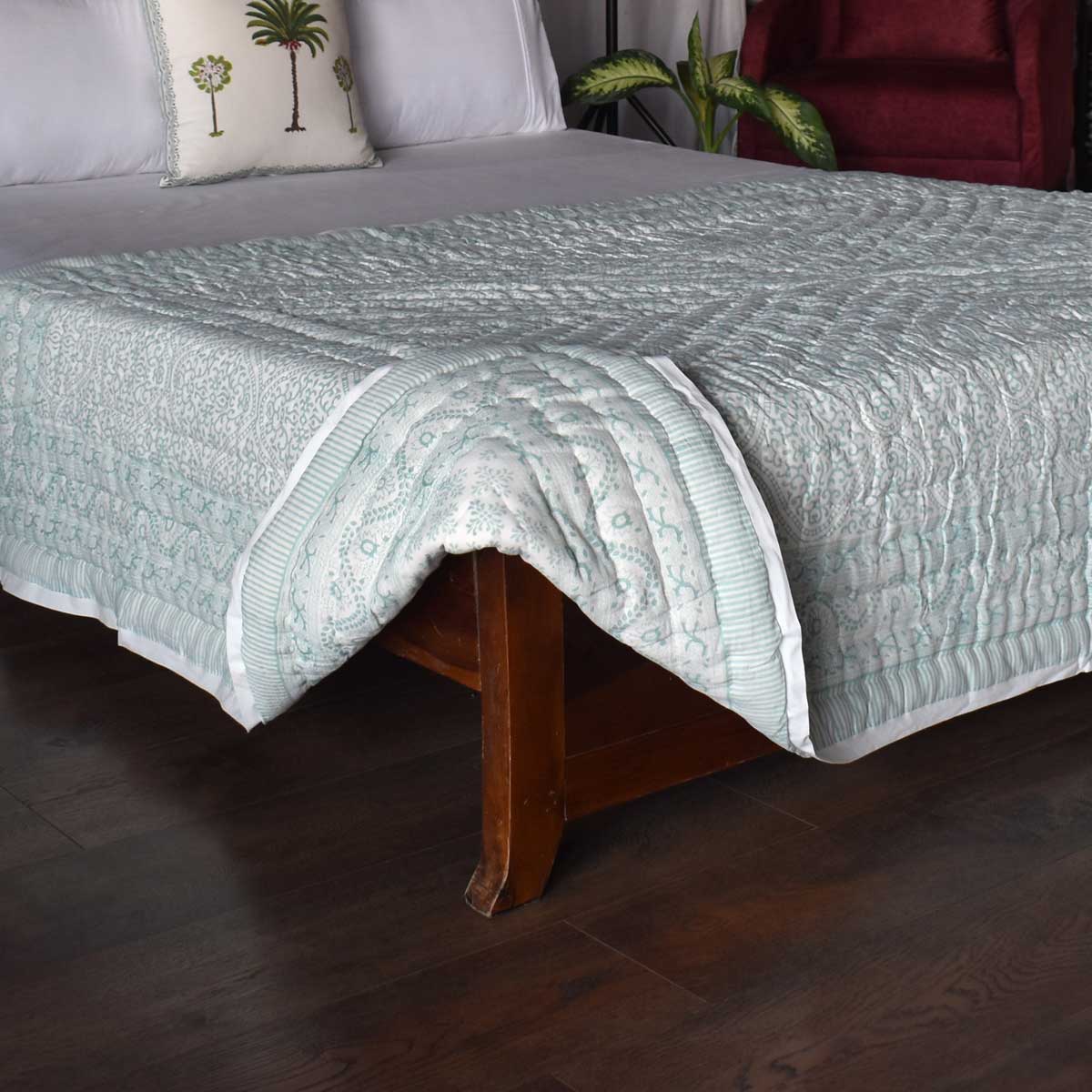 Hand Block Printed Cotton Twin Size Quilt Rang Mahal Green 202216