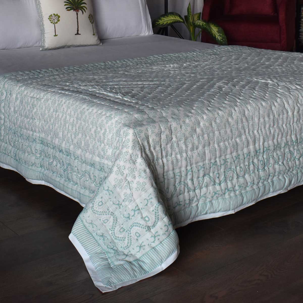Hand Block Printed Cotton Twin Size Quilt Rang Mahal Green 202216