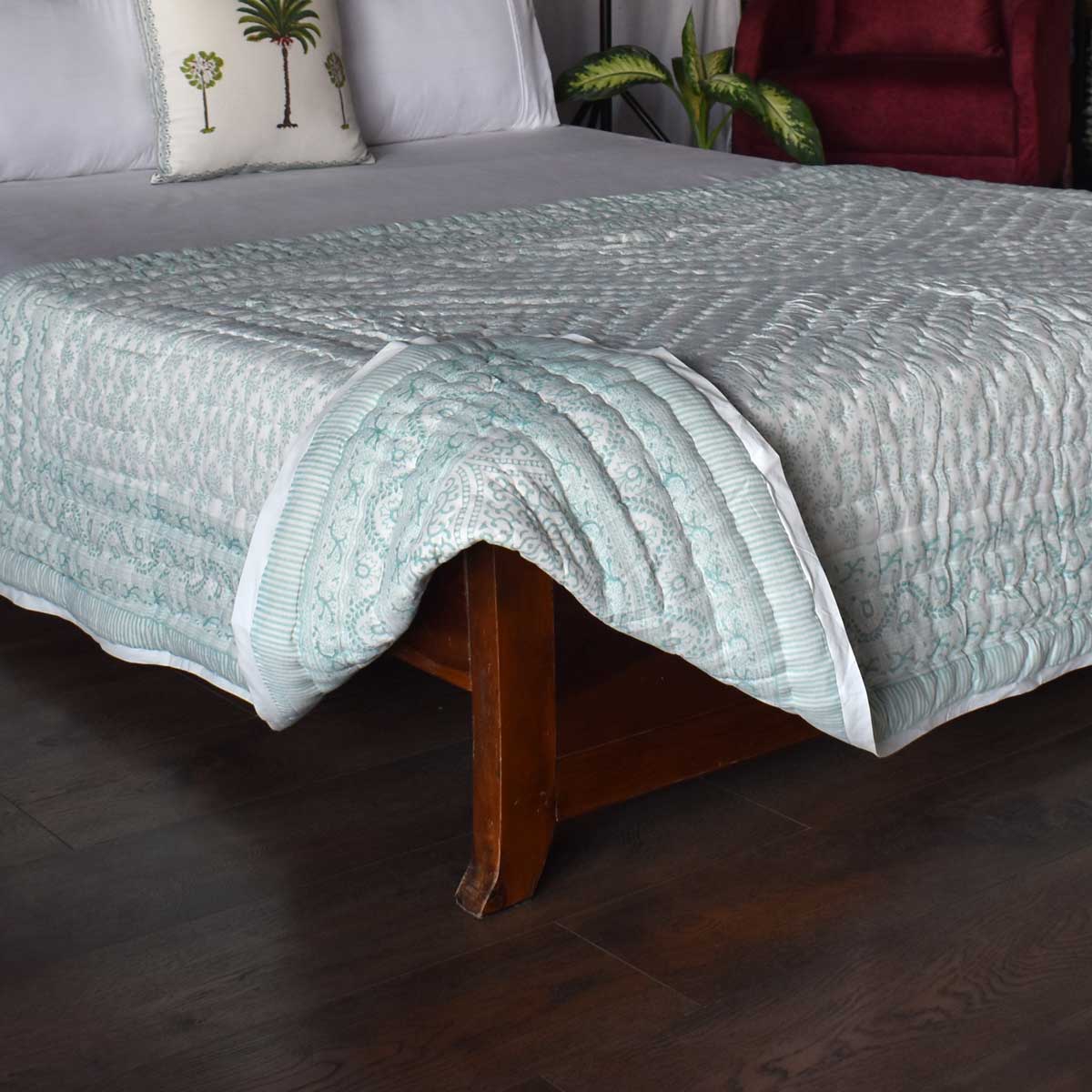 Hand Block Printed Cotton Twin Size Quilt Rang Mahal Green 202216