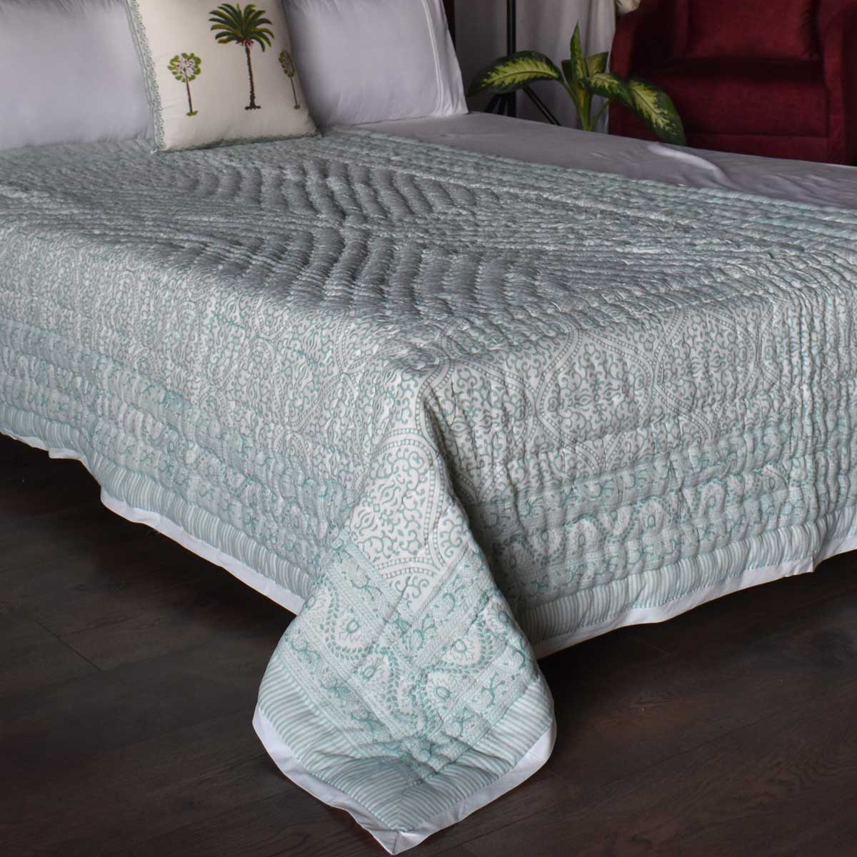 Hand Block Printed Cotton Twin Size Quilt Rang Mahal Green 202216