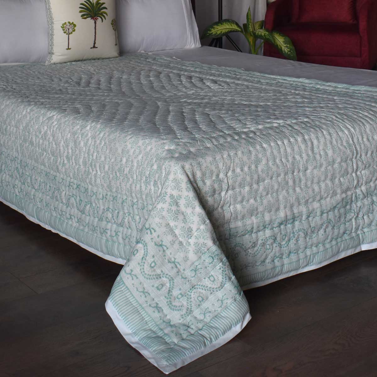 Hand Block Printed Cotton Twin Size Quilt Rang Mahal Green 202216