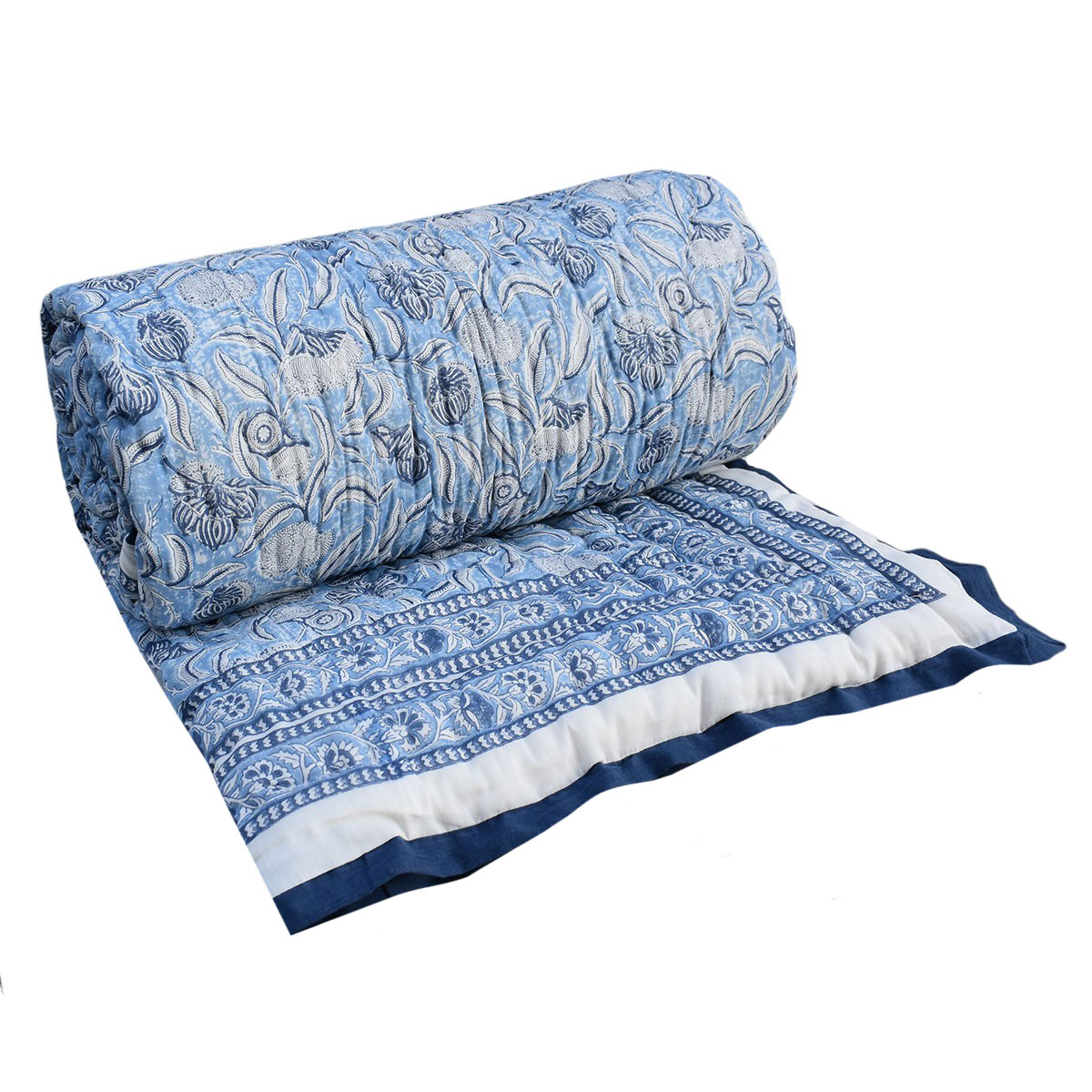 Hand Block Printed Cotton Twin Size Quilt Meadow Song Blue 202513