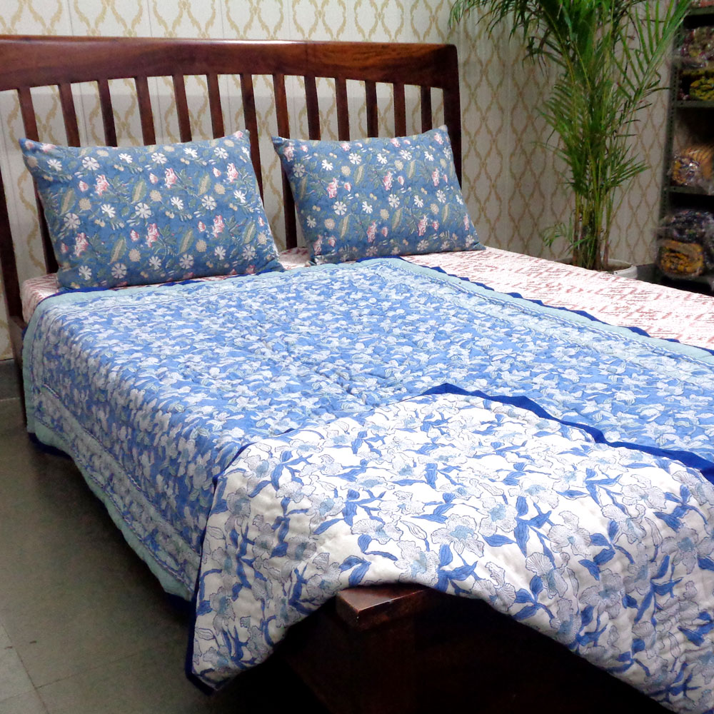 Hand Block Printed Cotton Twin Size Quilt Orchid Aqua 203890