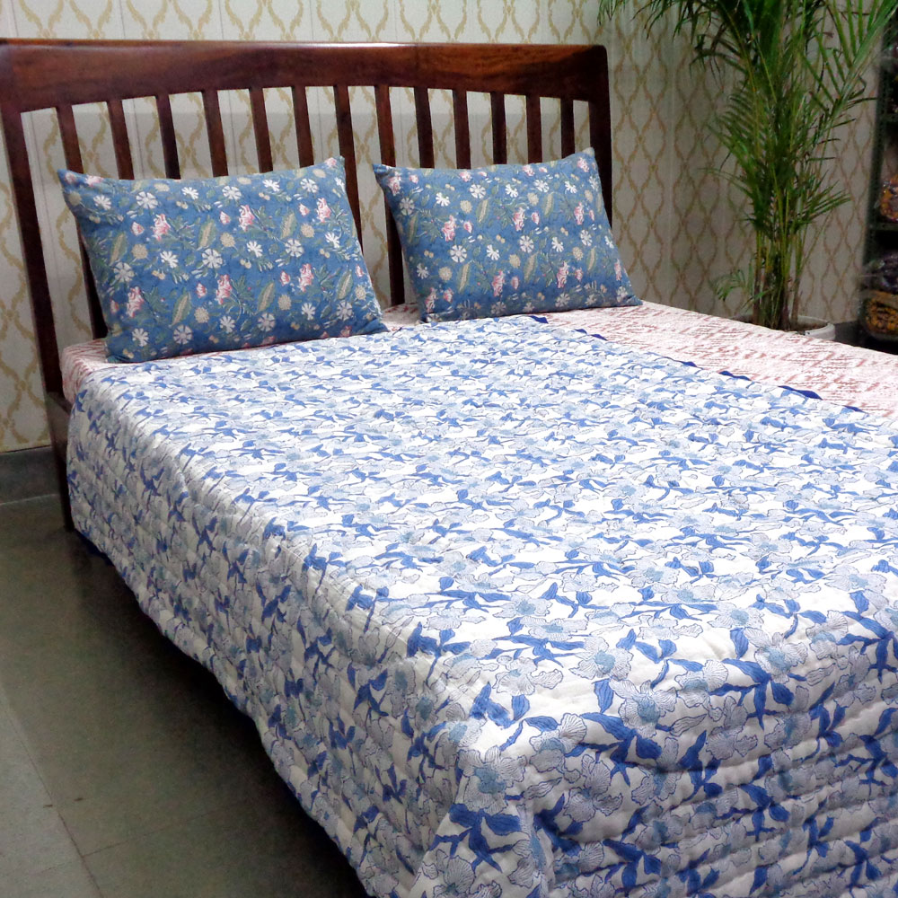 Hand Block Printed Cotton Twin Size Quilt Orchid Aqua 203890