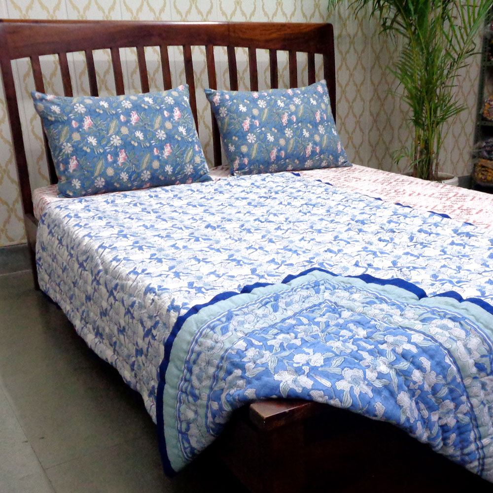 Hand Block Printed Cotton Twin Size Quilt Orchid Aqua 203890