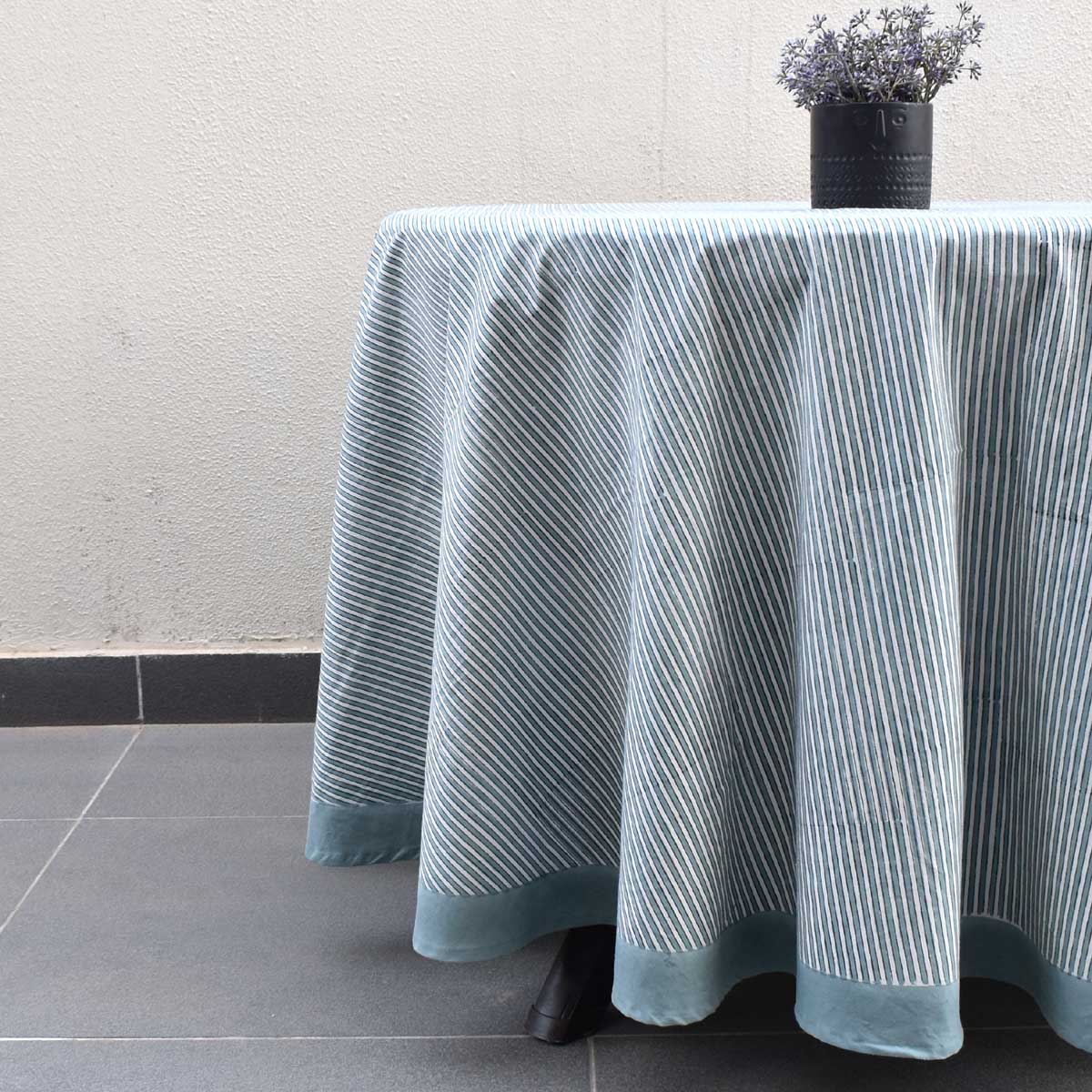 Hand Block Printed Cotton Round Tablecloth 180 cms Two Stripe Starlight 202212