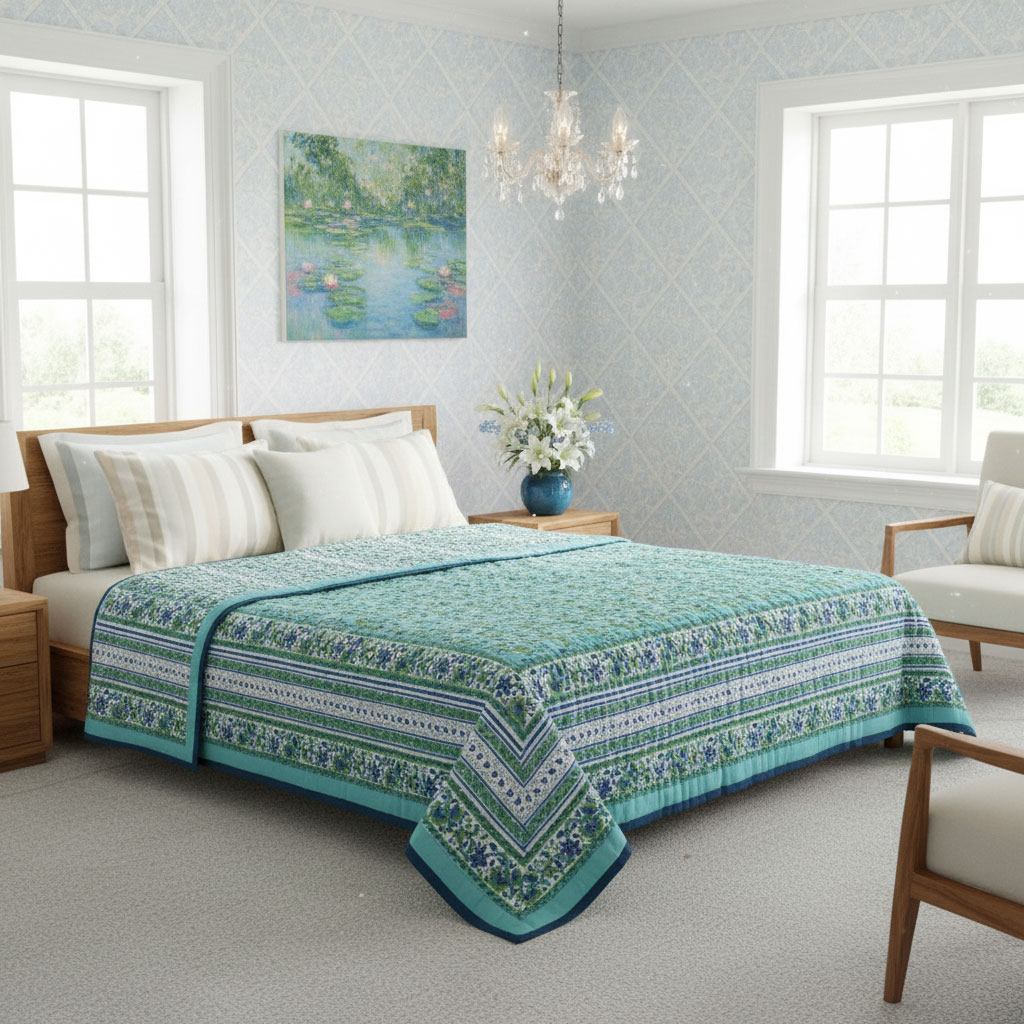 Hand Block Printed Cotton Queen Size Quilt Venus Crystal Blue 700664