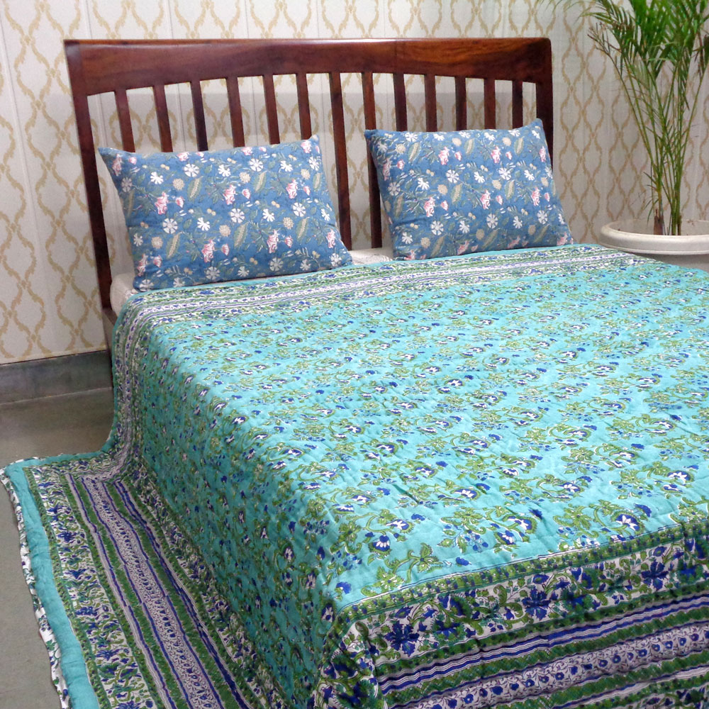 Hand Block Printed Cotton Queen Size Quilt  Venus Crystal Blue 700664