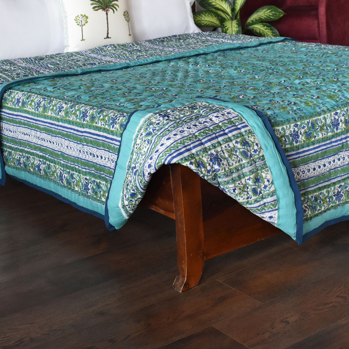 Hand Block Printed Cotton Twin Size Quilt Venus Crystal Blue 201381