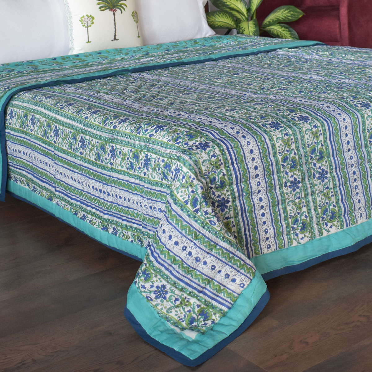 Hand Block Printed Cotton Twin Size Quilt Venus Crystal Blue 201381