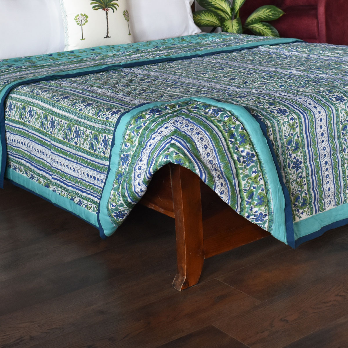 Hand Block Printed Cotton Twin Size Quilt Venus Crystal Blue 201381