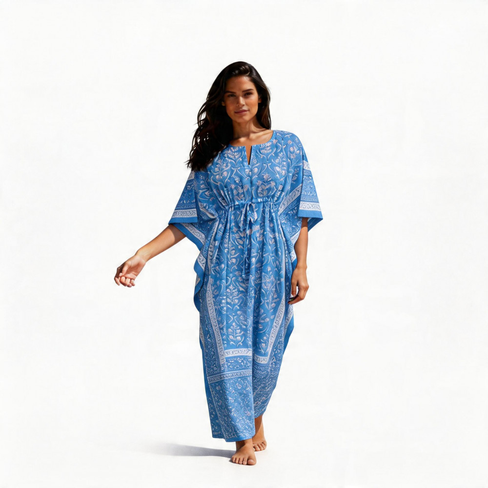 Image of Long Size Kaftan Free Size Indian Block-Printed Loungewear in Soft Cotton Voile | Vine Leaf Alaskan Gud 600969