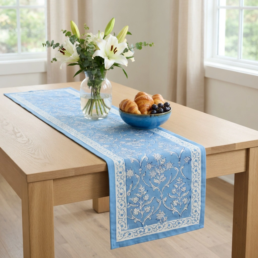 Hand Block Printed Cotton Canvas Table Runner 33x170 cms Vine Leaf Alaskan Gud 600969